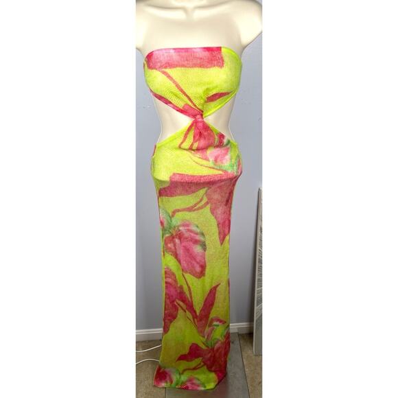 Retrofete Fontelina Mohair Knit Floral Cutout Lime Anthurium Maxi Dress Size XS - Picture 5 of 10